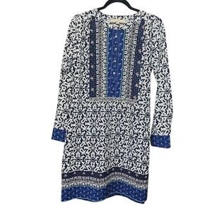 Ann Taylor Loft Womens Blue White Damask Print Long Sleeve Shift Dress Small